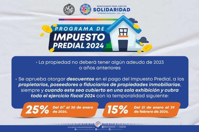 Solidaridad otorga descuentos en pago del impuesto predial 2024